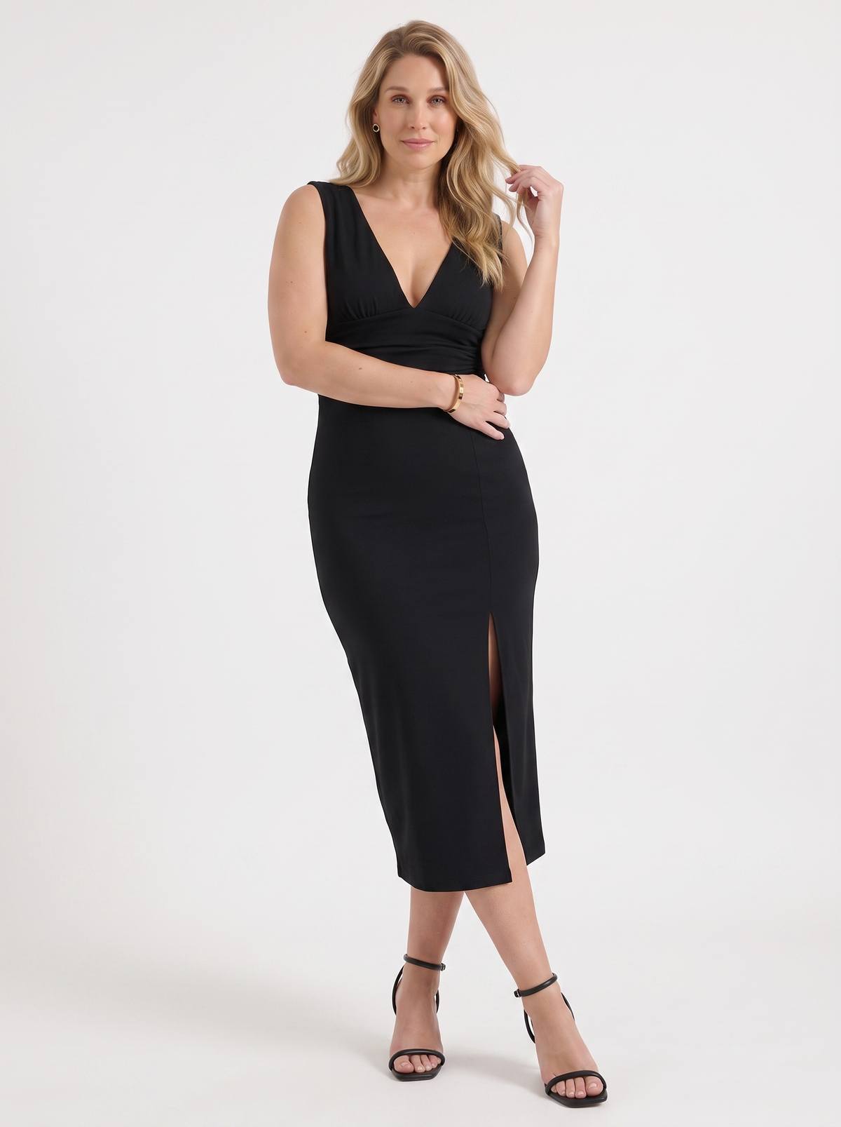 V-Ausschnitt-Midikleid mit Seitenschlitz