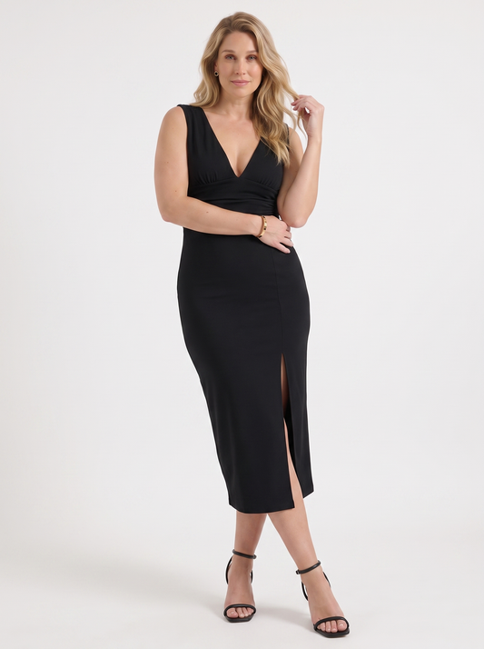V-Ausschnitt-Midikleid mit Seitenschlitz