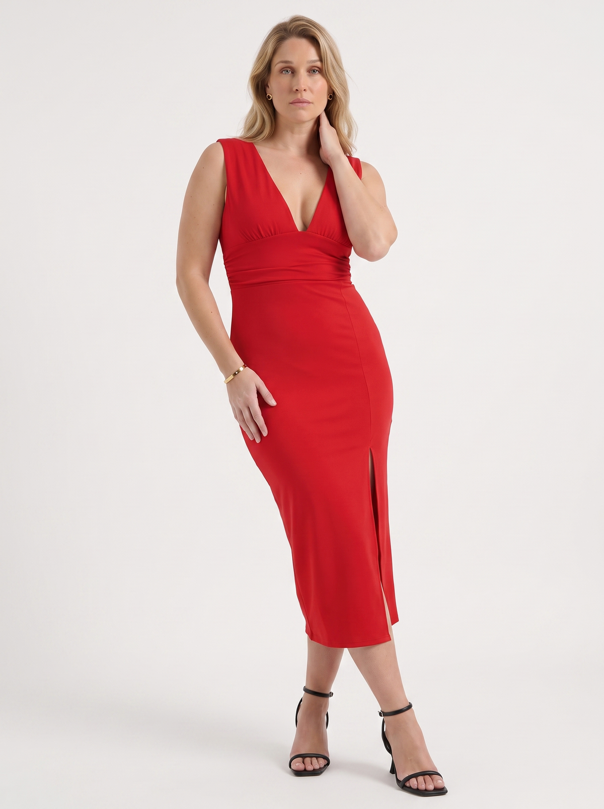 V-Ausschnitt-Midikleid mit Seitenschlitz